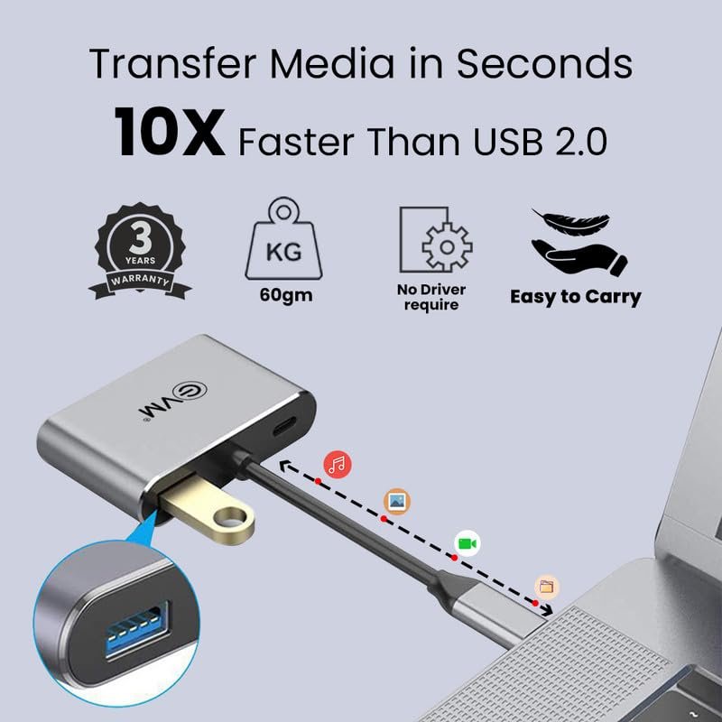 Hub EVM TYPE C 4 IN 1 HDMI VGA Docking Station EVMCHV | MultiPort With 4K HDMI, VGA, USB 3.0, PD Charging, Plug & Play Accessory for Laptop & Mobile, Silver Grey
