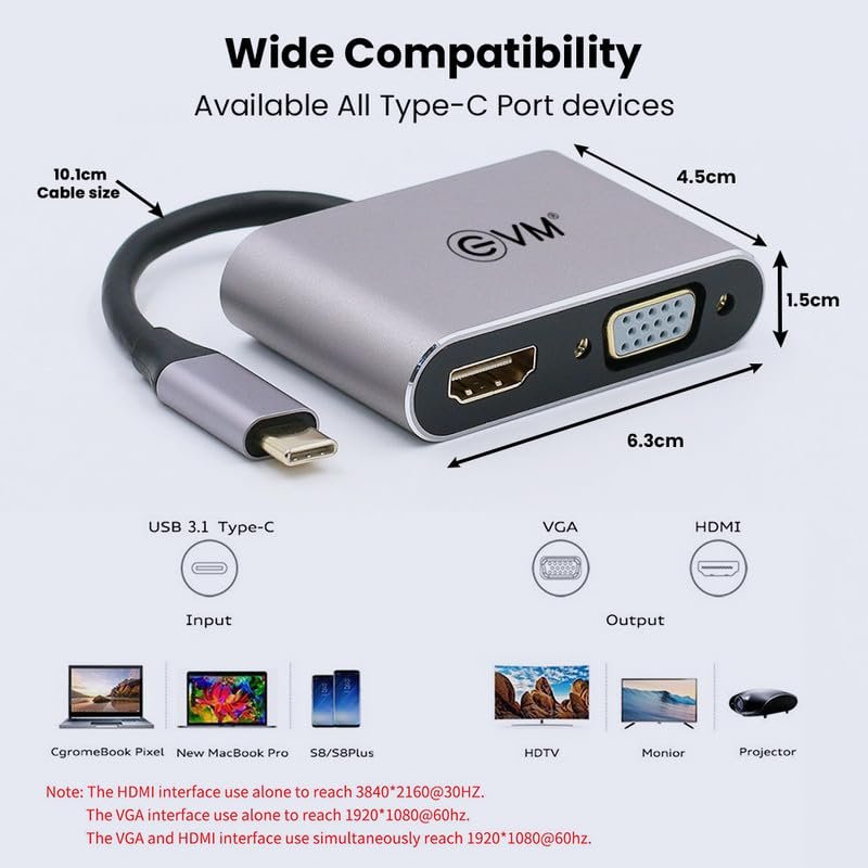 Hub EVM TYPE C 4 IN 1 HDMI VGA Docking Station EVMCHV | MultiPort With 4K HDMI, VGA, USB 3.0, PD Charging, Plug & Play Accessory for Laptop & Mobile, Silver Grey