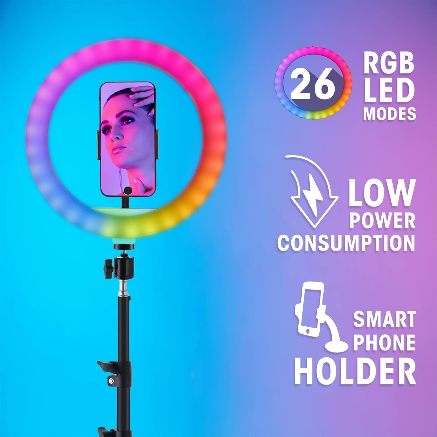 Ring Light Zebronics ZEB-RL10 | 10" (254mm) Selfie Ring Light with 6 feet Extendable Tripod, 26 RGB LED Modes, BT Shutter Trigger, Phone Holder, Cool/Medium/Warm Modes, USB Powered and in-line Controller