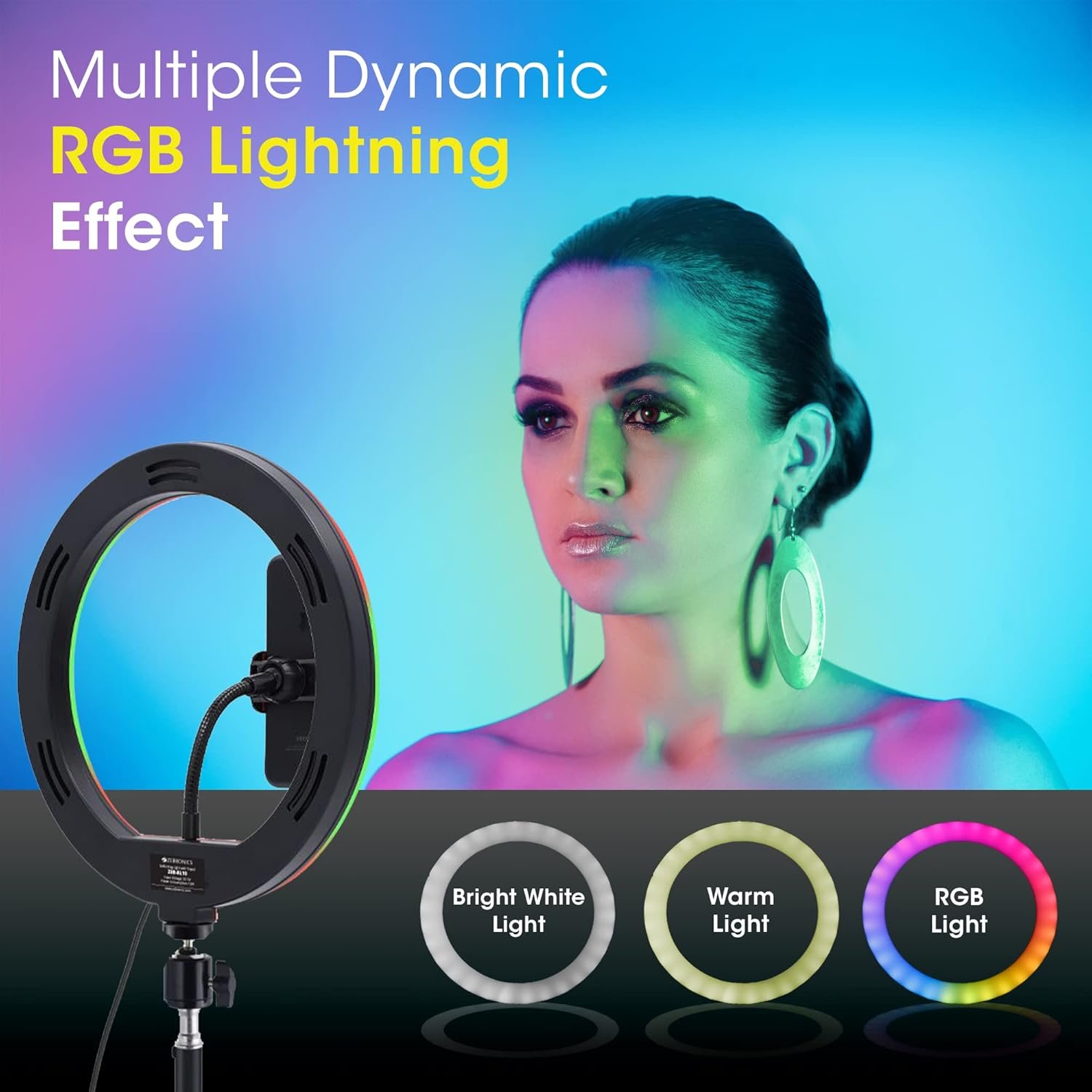Ring Light Zebronics ZEB-RL10 | 10" (254mm) Selfie Ring Light with 6 feet Extendable Tripod, 26 RGB LED Modes, BT Shutter Trigger, Phone Holder, Cool/Medium/Warm Modes, USB Powered and in-line Controller