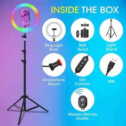 Ring Light Zebronics ZEB-RL10 | 10" (254mm) Selfie Ring Light with 6 feet Extendable Tripod, 26 RGB LED Modes, BT Shutter Trigger, Phone Holder, Cool/Medium/Warm Modes, USB Powered and in-line Controller