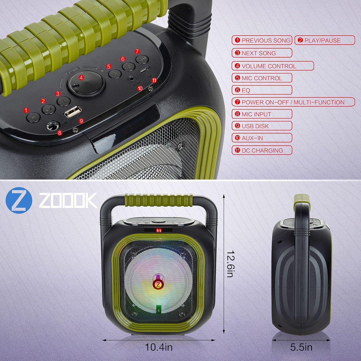 Speaker Zoook Rocker Thunder Bolt | 30 Watts Karaoke Bluetooth Party Speaker with Wireless Karaoke Mic / TF / USB / AUX LED Lights, Green