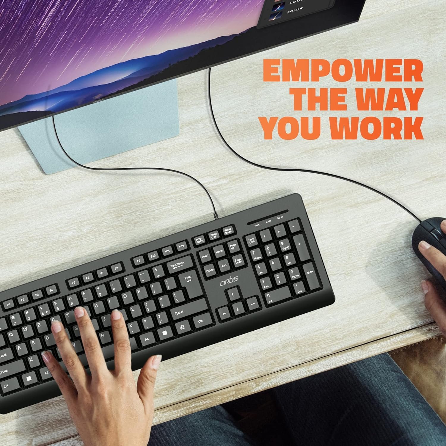 Keyboard + Mouse Combo Artis WorkPro 20 USB Wired WP20K | USB Wired keyboard & Optical Mouse with Powerful Censor for Desktop Pc & Laptop, Black