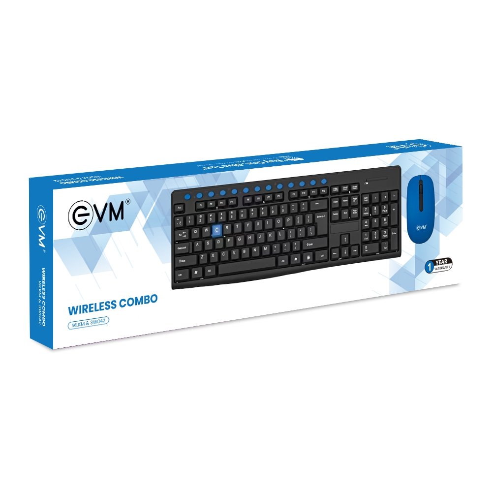 Keyboard & Mouse Combo EVM Wireless Enkey WLKM & 3W042 | 104 Function Keys, 2.4Ghz Wireless Keyboard & 3D Wireless Mouse, USB, Plug & Play, Black + Blue