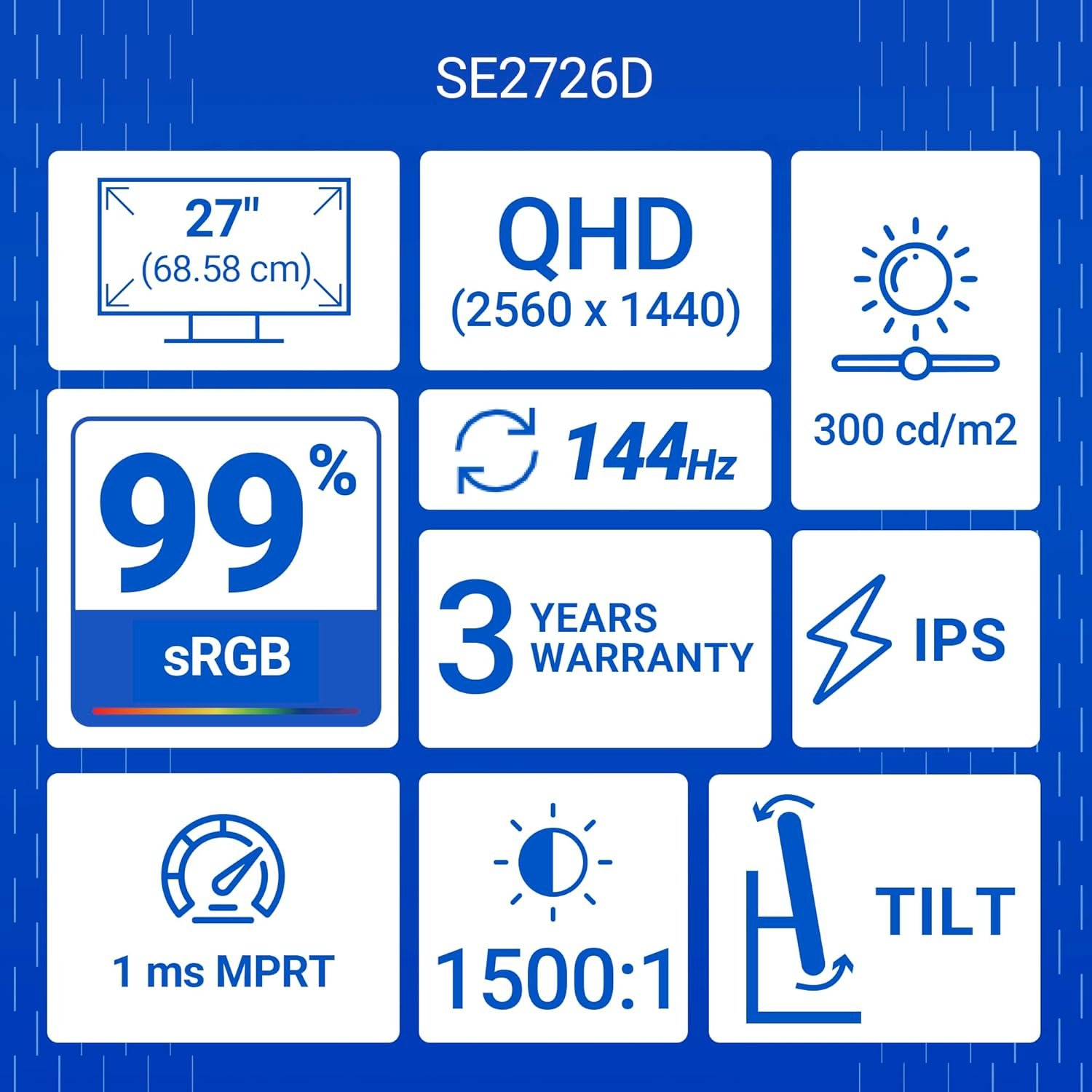 Monitor Dell SE2726D | 27 inch (68.58 cm) QHD IPS Display, 144Hz Refresh, AMD FreeSync, Eye Comfort Technology, Flicker-Free, HDMI/DP Connectivity, Elegant Design for Work & Play | Black