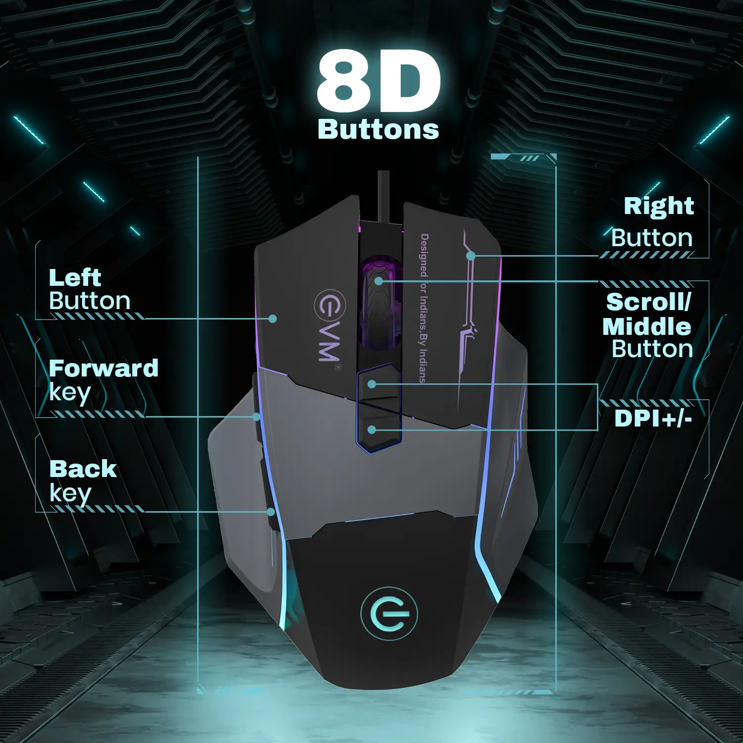 Mouse EVM Wired Gaming 8D M06087 | 6400 DPI Resolution, Multi Color LED, USB Output, 1.5m Braided Cable, Rubber Coat Scroll Wheel, Black