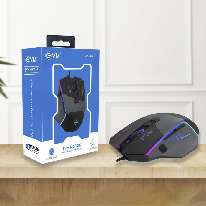 Mouse EVM Wired Gaming 8D M06087 | 6400 DPI Resolution, Multi Color LED, USB Output, 1.5m Braided Cable, Rubber Coat Scroll Wheel, Black