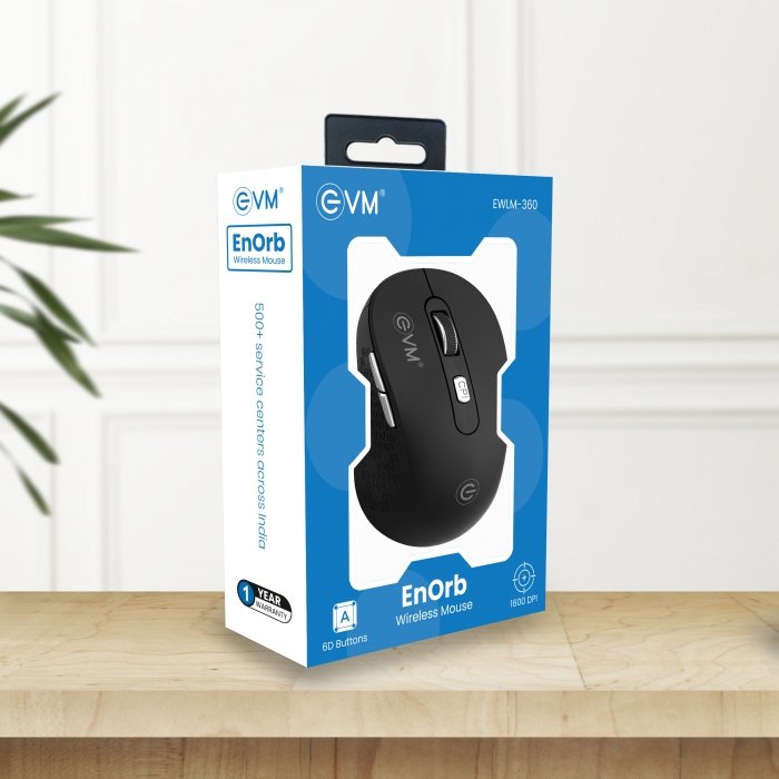 Mouse EVM Wireless 6D EnOrb EWLM-360 | Silver Scroll Wheel & Cover, Silver DPI & Side Buttons, 1600 DPI Resolution, 6 Buttons, Comfortable Hand Grip, Black