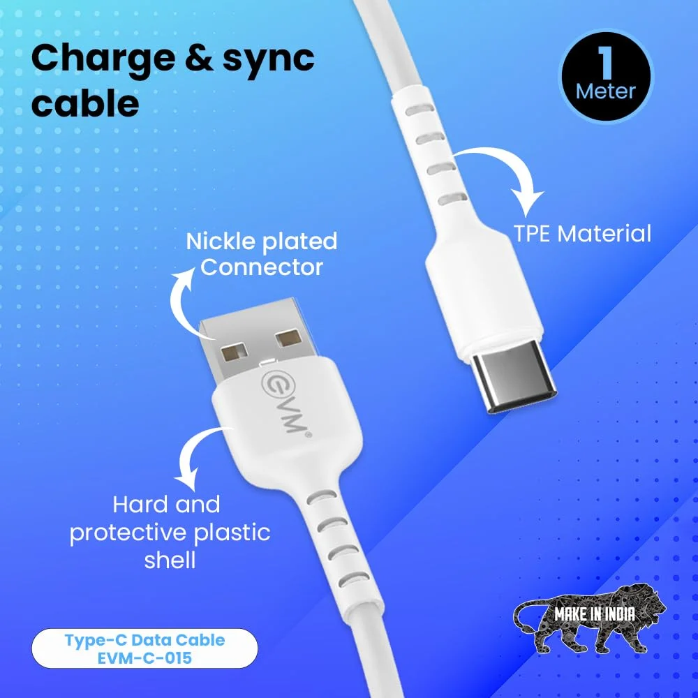 Cable EVM Type-C Charge & Sync Cable PVC 1mtr 3Amp EVM-C-015 | High Speed, Sturdy & Durable, Tangle Free, Temperature Protection, Compatible With All Multiple Devices, White