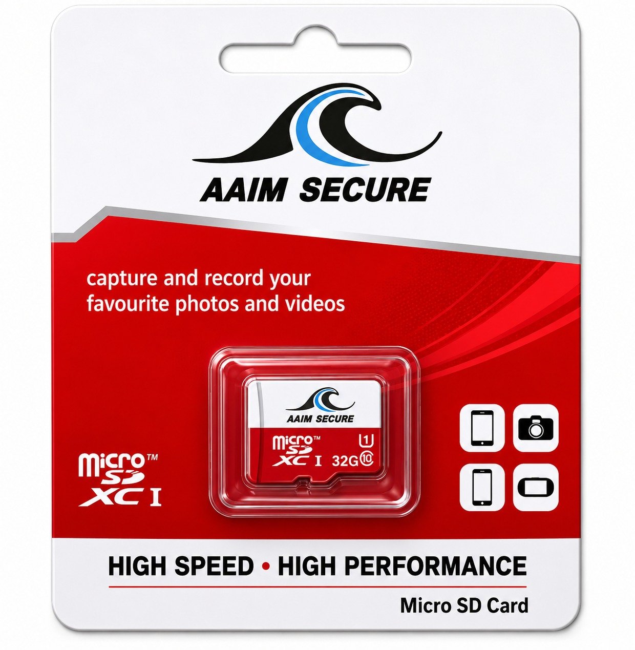 Card Micro SD AAIM SECURE 32GB Class 10 with SD Adapter High Speed Read 80MB/s, , Ideal for Smartphones, Cameras, Dashcams, and CCTV