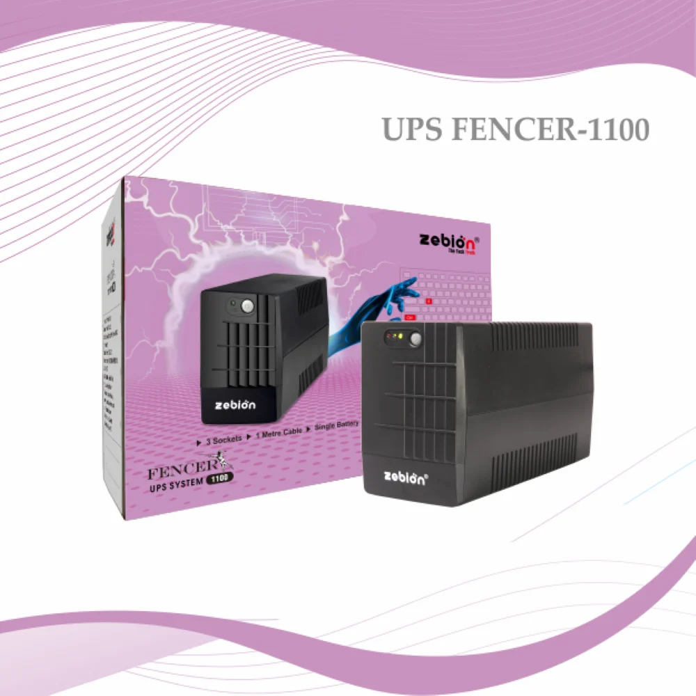 Ups Zebion 1Kva Fencer 1100 | 1000VA, Generator Compatiable, Sleep Mode Charging, 3 Sockets, Built-in AVR, Overload Reset Button, 1mtr Cable, LED Indicator, 7.2AH x 2 Batteries, Black
