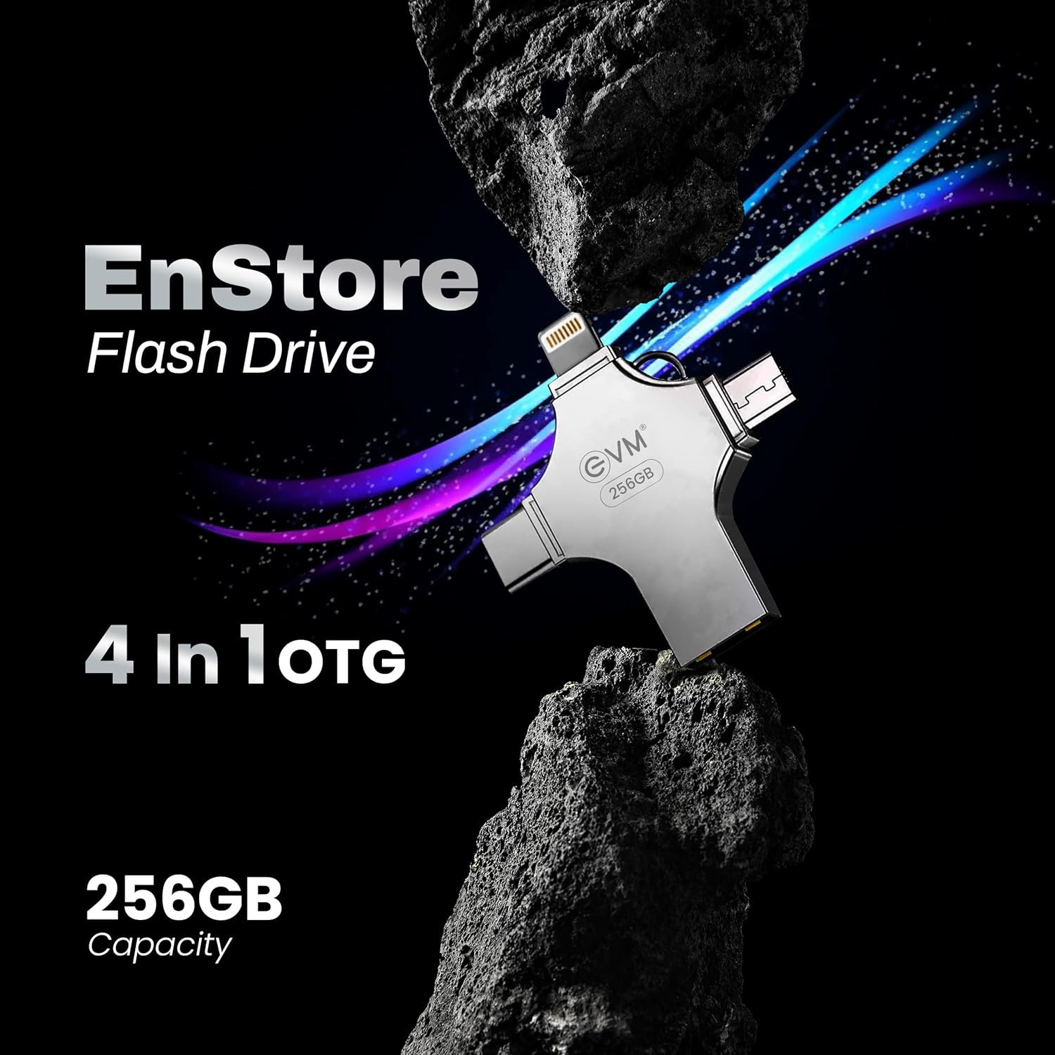 Pendrive EVM 256GB EnStore 4 in 1 OTG USB 3.0 EVM4D/256G Flashdrive | High Speed USB 3.0 With Read Speed of 100Mb/s & Write Speed of 25Mb/s, Transfer Files Between USB-A, All Smartphones, Silver