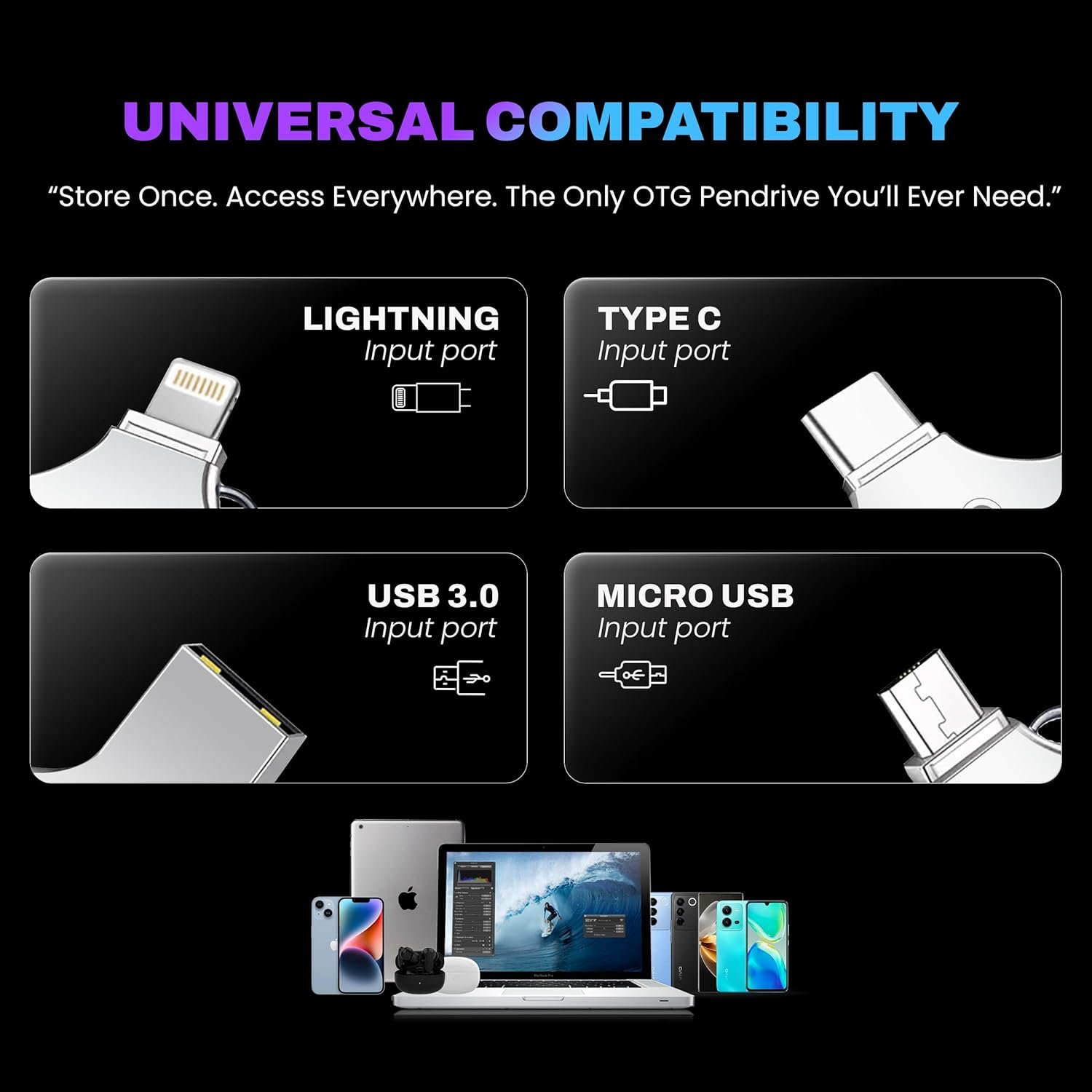 Pendrive EVM 256GB EnStore 4 in 1 OTG USB 3.0 EVM4D/256G Flashdrive | High Speed USB 3.0 With Read Speed of 100Mb/s & Write Speed of 25Mb/s, Transfer Files Between USB-A, All Smartphones, Silver