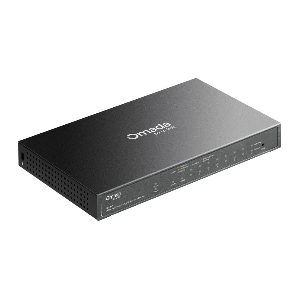 Switch TP-Link Omada 10-Port Gigabit Easy Managed Switch with 8-Port PoE+ ES210GP | 63W Power Budget, Durable Metal Casing & Desktop/Wall Mounting Design, Plug & Play, Grey