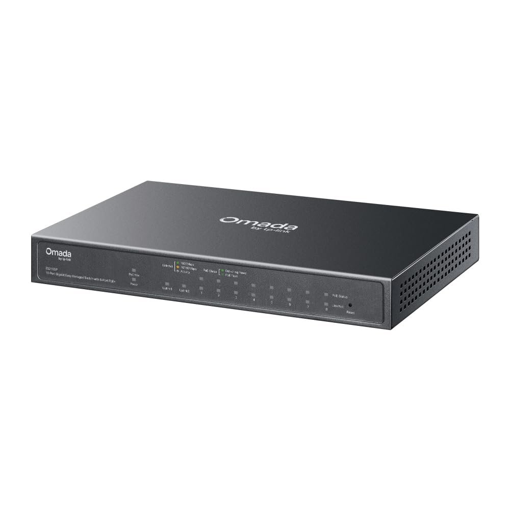 Switch TP-Link Omada 10-Port Gigabit Easy Managed Switch with 8-Port PoE+ ES210GP | 63W Power Budget, Durable Metal Casing & Desktop/Wall Mounting Design, Plug & Play, Grey