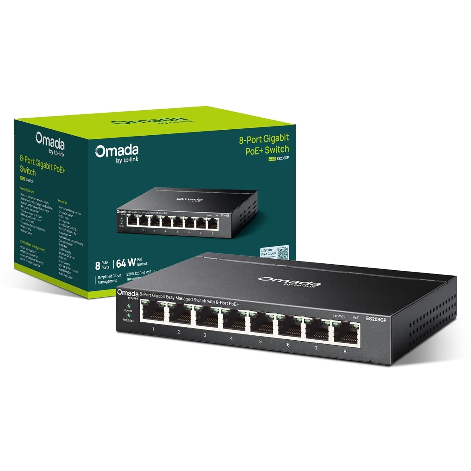 Switch TP-Link Omada 8-Port Gigabit ES208G Easy Managed Switch | Ethernet Splitter, Metal Case, Easy Cloud Managment, Silent operation, Energy Saving, Plug & Play, Desktop/Wall Mounting, Black