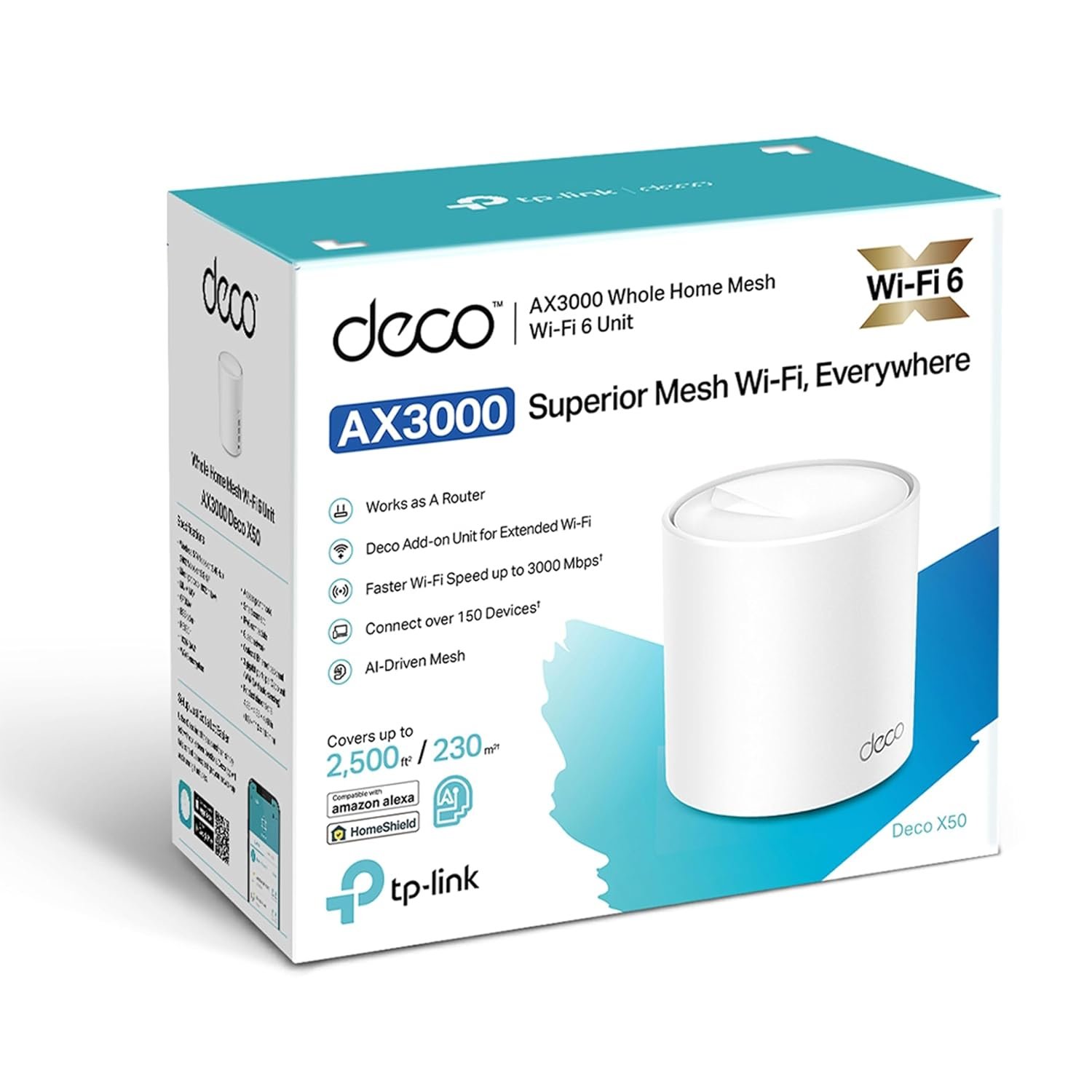 Net TP-Link AX3000 Whole Home Mesh WiFi 6 Unit Deco X50 | WiFi Router, AI-Driven, Coverage up to 2500ft², Connect up to 150 Devices, Easy Setup, Alexa and Google Home Compatible, (1-Pack), White