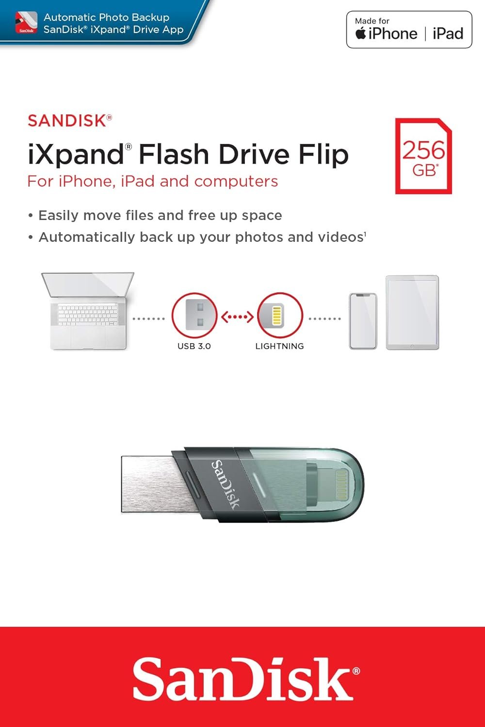 Pendrive SanDisk iXpand 256GB SDIX90N-256G-GN6NE | USB 3.0 Flash Drive Flip for iOS and Windows, Metallic