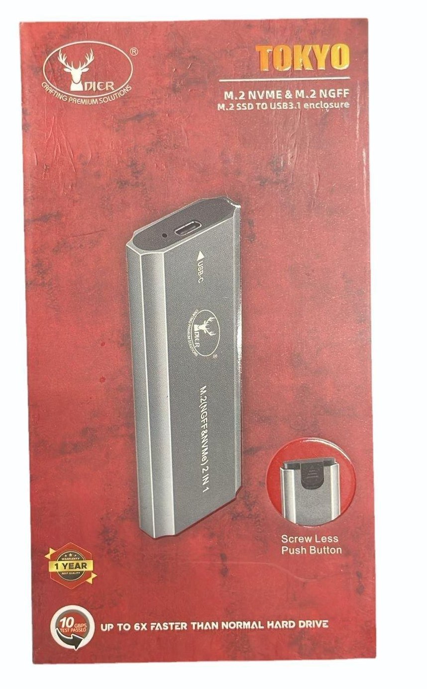Casing Dier Tokyo 2-in-1 M.2 NVMe & NGFF SSD To USB 3.1 Gen 2 Enclosure | High Speed Type-C 10Gbps Portable Aluminum External SSD Case, Black