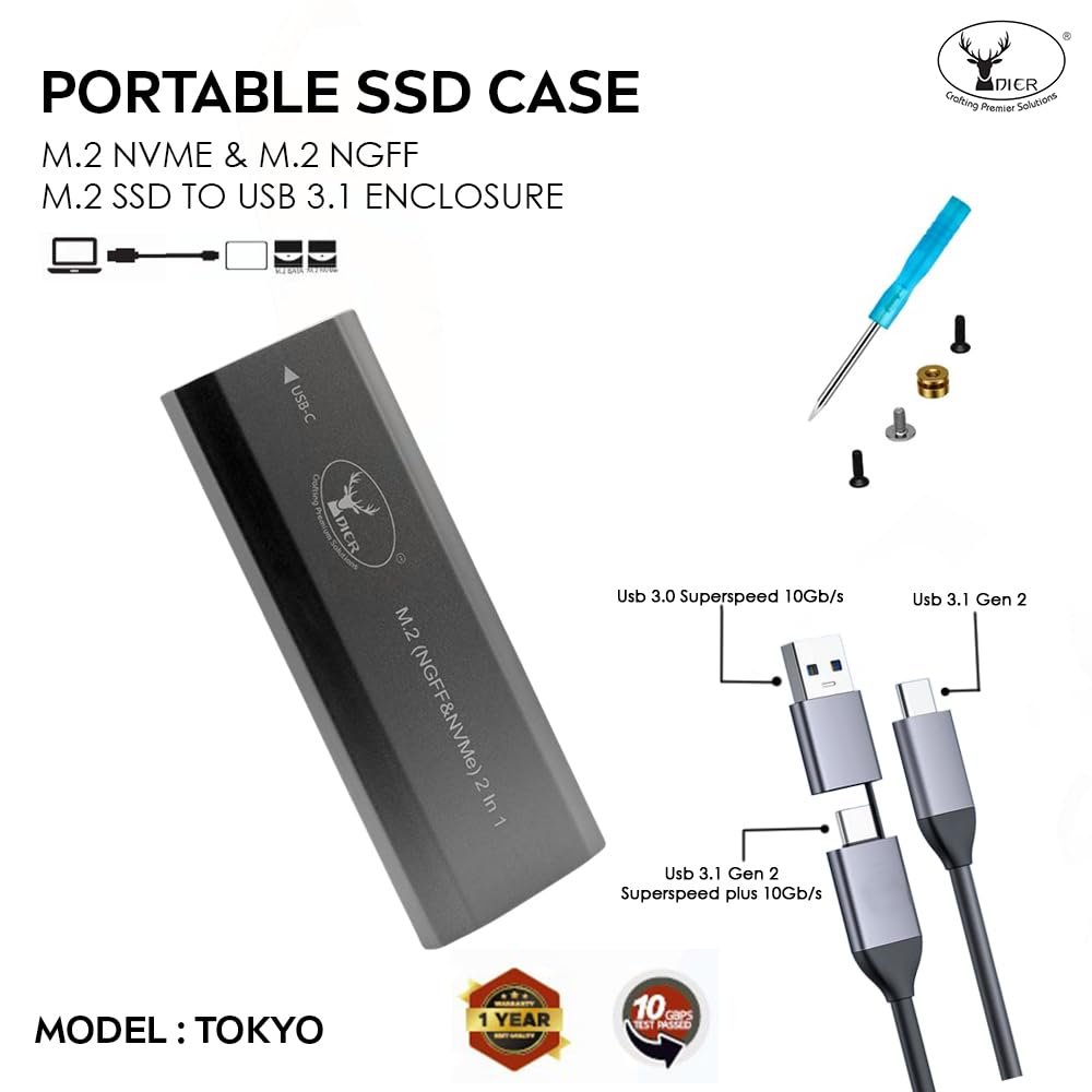 Casing Dier Tokyo 2-in-1 M.2 NVMe & NGFF SSD To USB 3.1 Gen 2 Enclosure | High Speed Type-C 10Gbps Portable Aluminum External SSD Case, Black