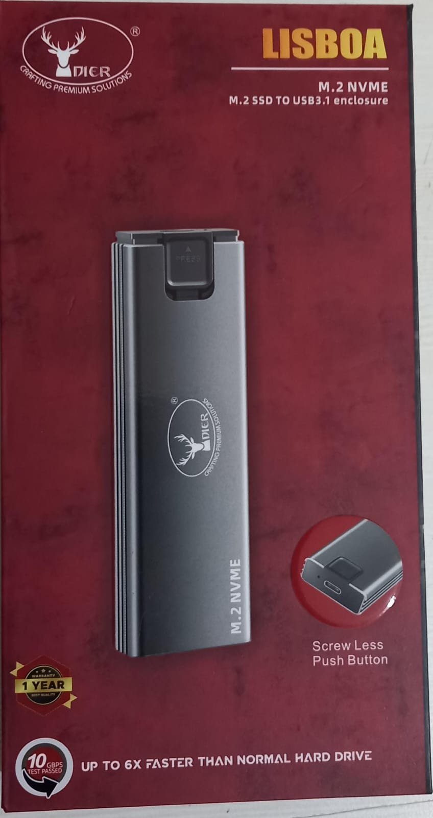 Casing Dier Lisboa M.2 NVME SSD To USB 3.1 Enclosure | High Speed Type-C 10Gbps Portable Aluminum External SSD Case, Grey