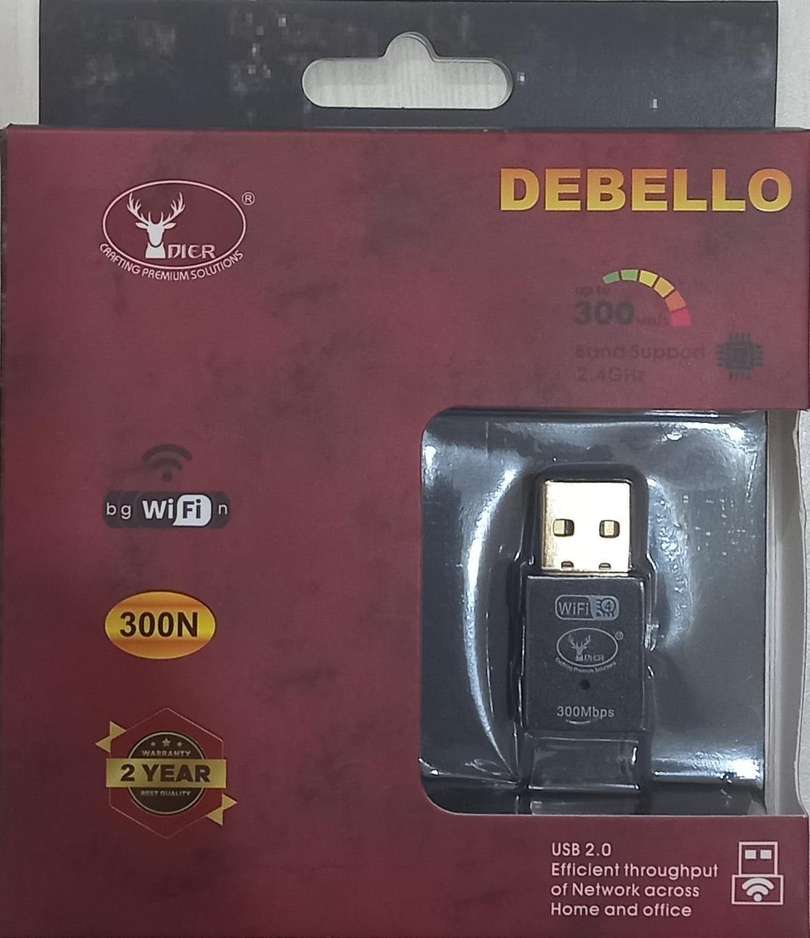 Adapter Dier Debello USB WIFI Adapter | Upto 300 Mbps Speed, 2.4GHz, 300N, Plug & Play, Black