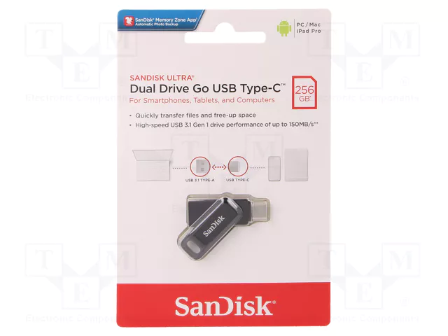 Pendrive SanDisk 256GB SDDDC3-256G-I46PD | Flash Drive, Ultra Dual Drive Go USB Type-C, USB 3.2 Gen 1 Interface, Black