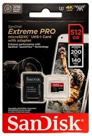 Card MicroSD SanDisk 512GB Extreme PRO microSDXC UHS-I Card with Adapter SDSQXCJ-512G-GS6MA | 250MB/s Read, 170MB/s Write Speed, A2, U3, V30, High Speed For Android & Gaming