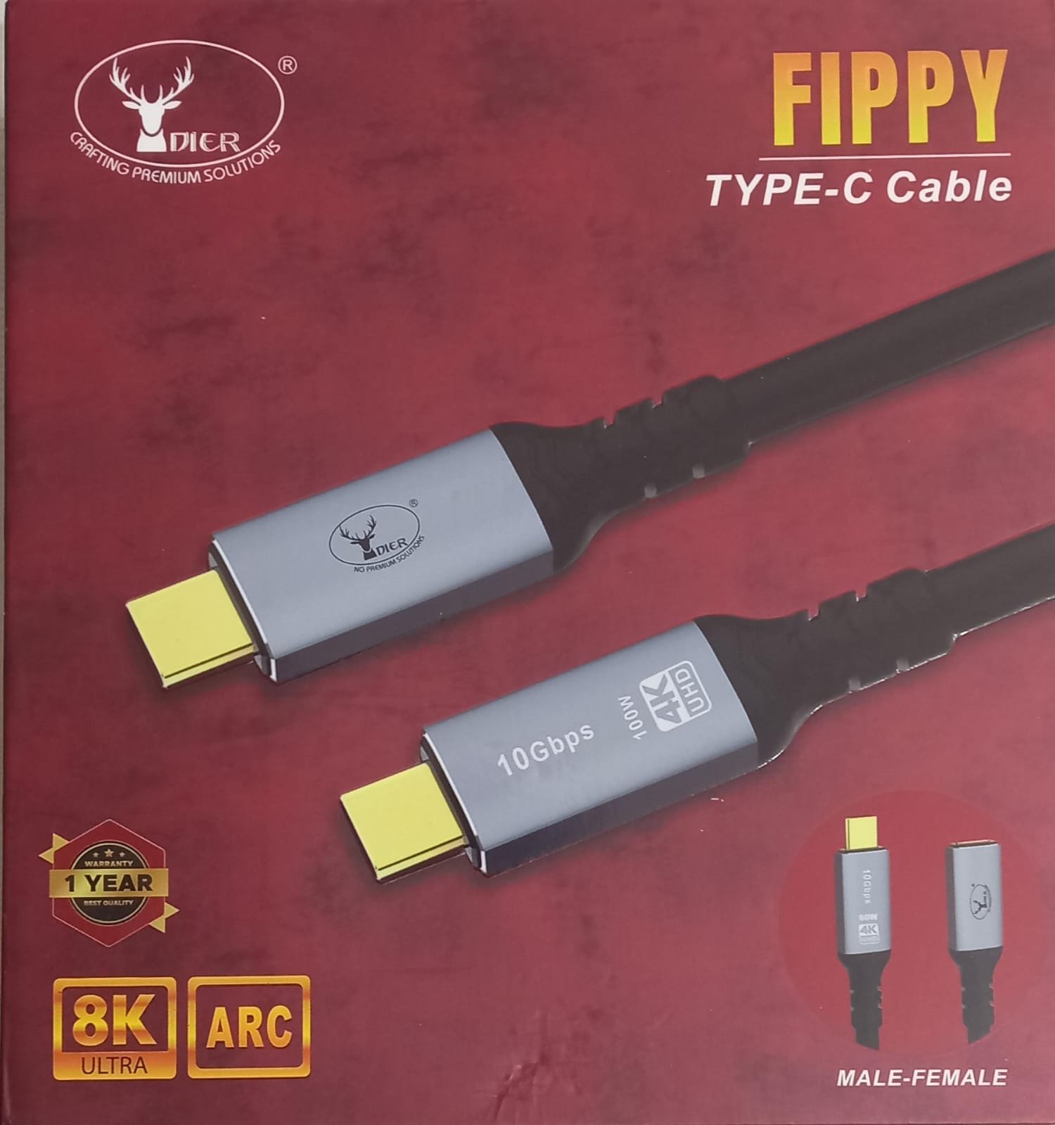 Cable Dier Fippy Type-C Male To Female 3Mtr | PD100W, 8K Video Output, 10Gbps Data Transfer, Gold Plated Connectors,, Widely Compatible & Suitable For Multiple Devices, Black