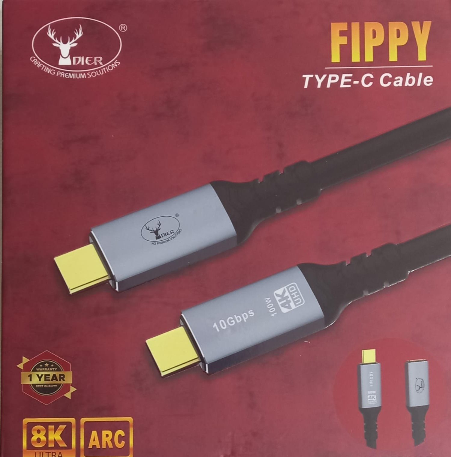 Cable Dier Fippy Type-C Male To Male 2Mtr | PD100W, 8K Video Output, 10Gbps Data Transfer, Gold Plated Connectors,, Widely Compatible & Suitable For Multiple Devices, Black