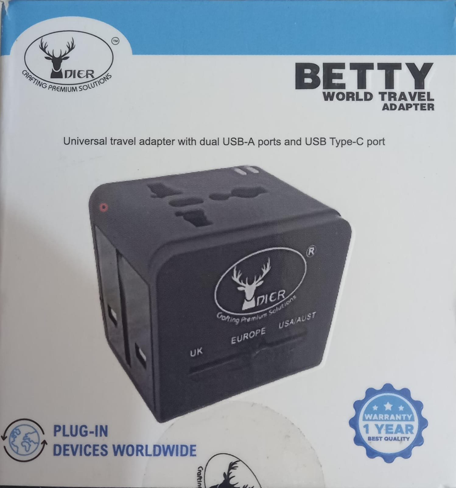Adapter Dier Betty | Dual USB & Type-C Ports, International & Universal Travel Adaptor, Plug-In Devices Worldwide, Black