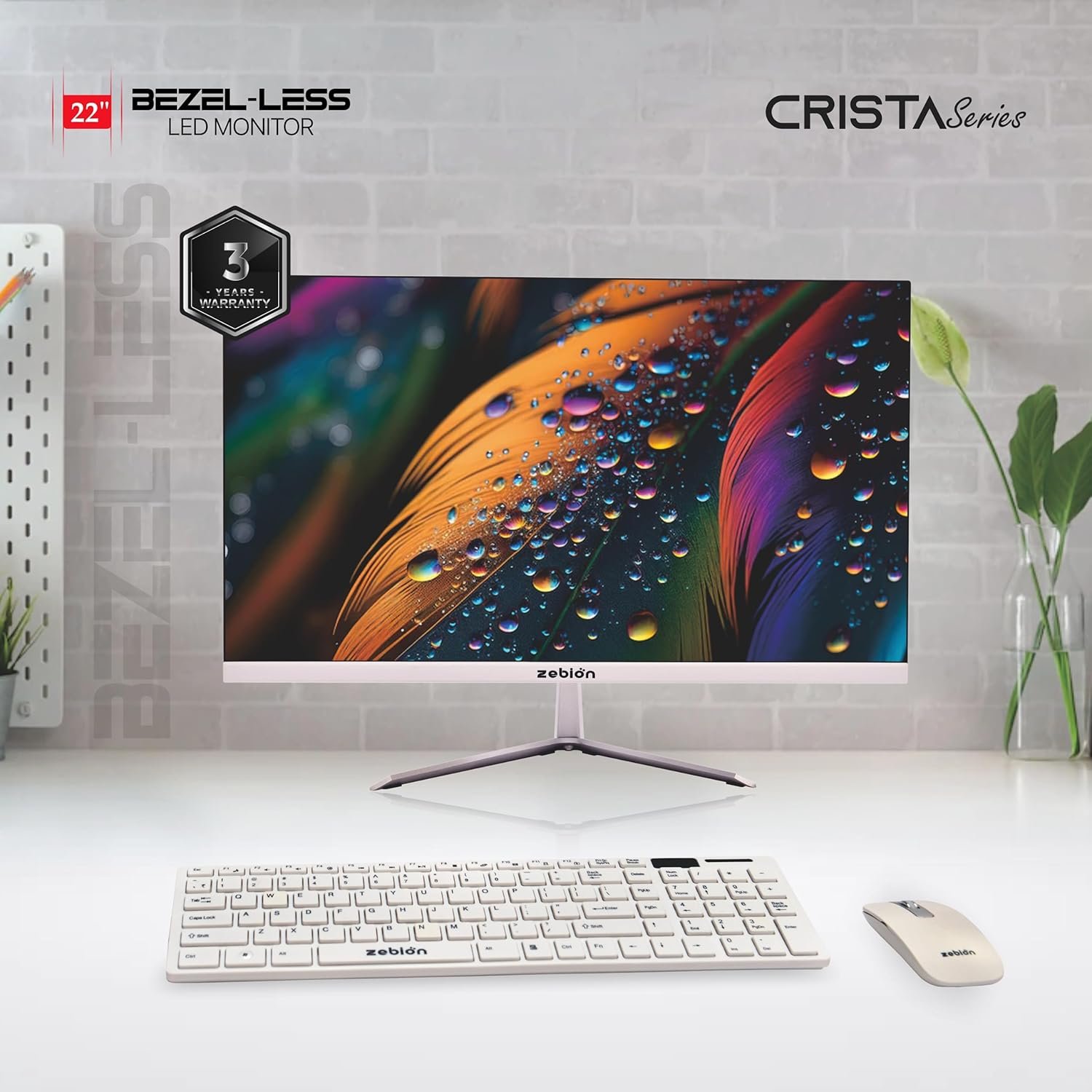 Monitor Zebion 22" HD Led Frameless (Crista Series) | IPS Panel, 1920x1080 Resolution, Bezel Less, HDMI, VGA, Wall Mountable, For Office & Home Use, White