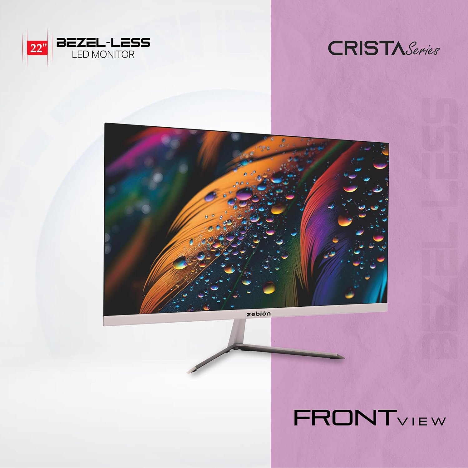 Monitor Zebion 22" HD Led Frameless (Crista Series) | IPS Panel, 1920x1080 Resolution, Bezel Less, HDMI, VGA, Wall Mountable, For Office & Home Use, White