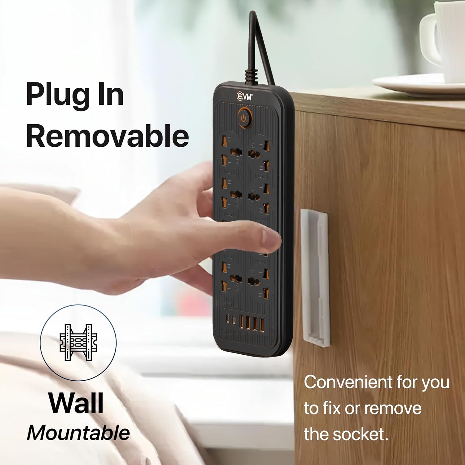 Spike Guard EVM EnSurge-03 Surge Protector 3 Mtr | 8 Power Outlets, 10 Amp Maximum Spike Current, 2500w, 2x Type C + 4 x USB Output, 5V / 2.1A, Master Push Button Switch, Wall Mountable, Overload Protection, Child Lock Shutter, LED Indicator, Black