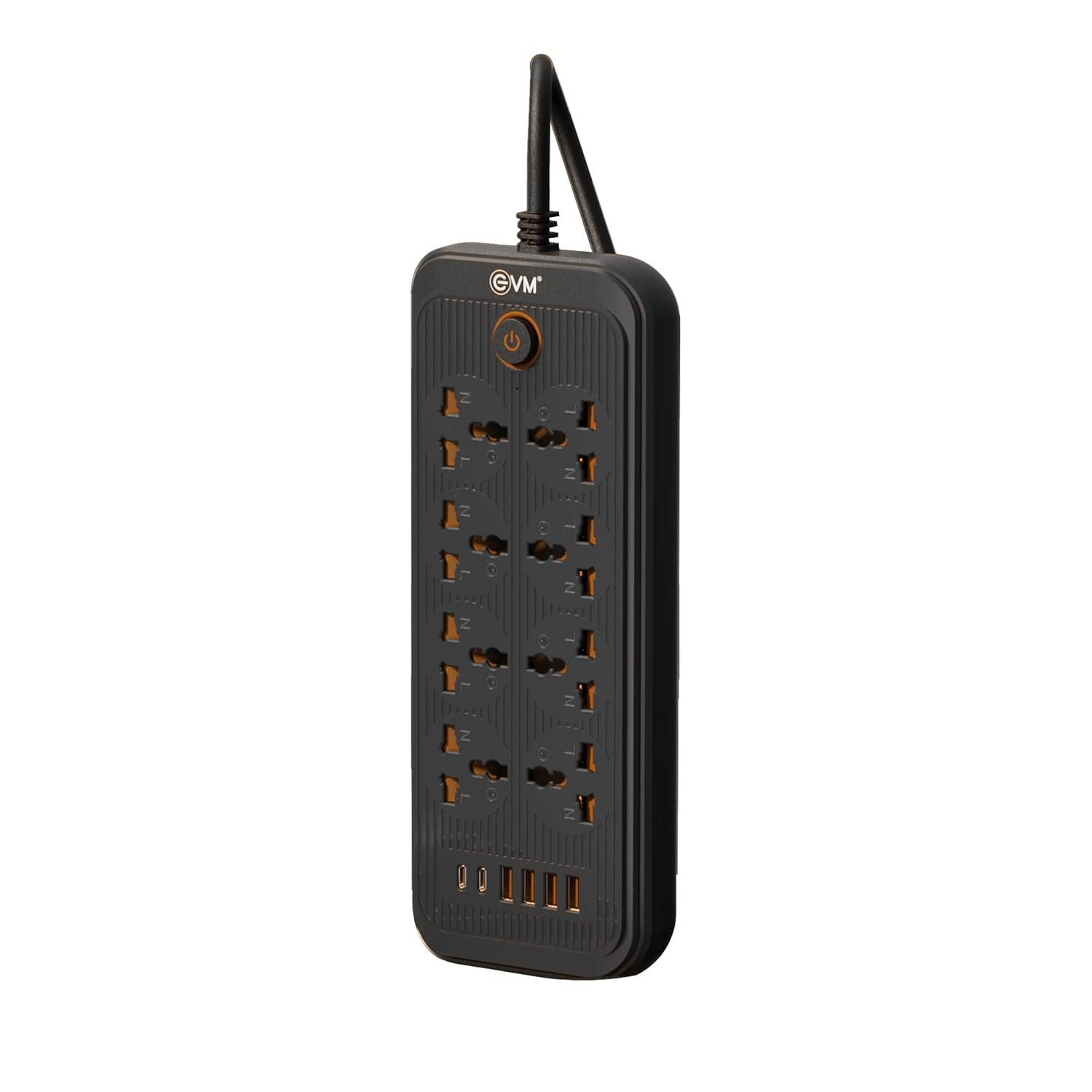 Spike Guard EVM EnSurge-03 Surge Protector 3 Mtr | 8 Power Outlets, 10 Amp Maximum Spike Current, 2500w, 2x Type C + 4 x USB Output, 5V / 2.1A, Master Push Button Switch, Wall Mountable, Overload Protection, Child Lock Shutter, LED Indicator, Black