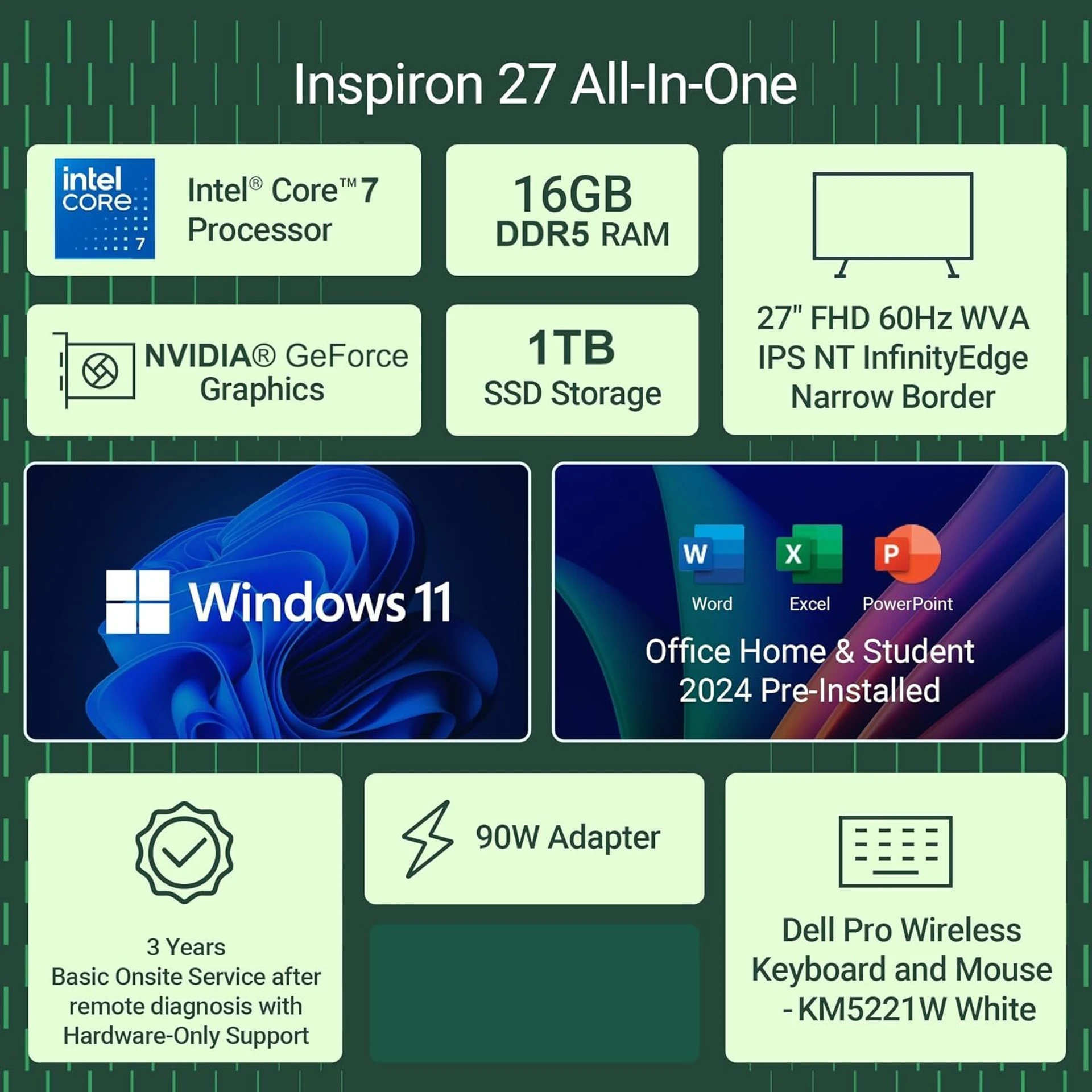 Dell 27 All-in-One EC27250 Desktop | Intel Core 7 150U | 16GB DDR5 | 1TB NVMe SSD | NVIDIA GeForce MX570A 2GB | 27" FHD Touch Display | Windows 11 Home | MS Office Home 2024 | OEC2725000301RINW3