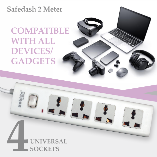 Spike Guard Zebion Pure Power Safedash 2Mtr | 4 Universal Sockets, Single Switch, LED Indicator, 15000 Amps, Built-In Fuse, Compatible With All Devices / Gadgets, White