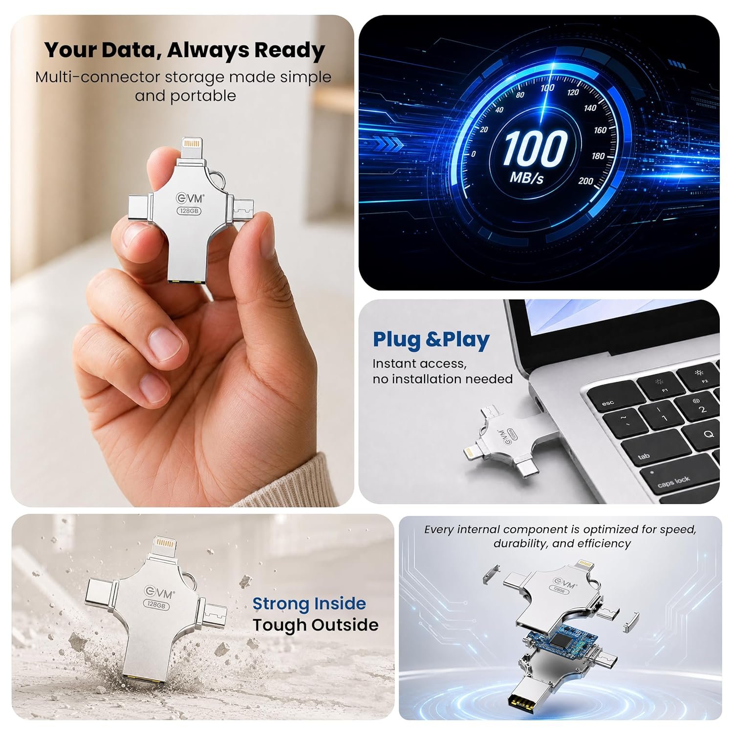 Pendrive EVM 128GB EnStore 4 in 1 OTG USB 3.0 Flashdrive | 4 Connectors for USB-A devices, Android devices, iOS devices, Type-C devices, laptops & Desktops, Silver