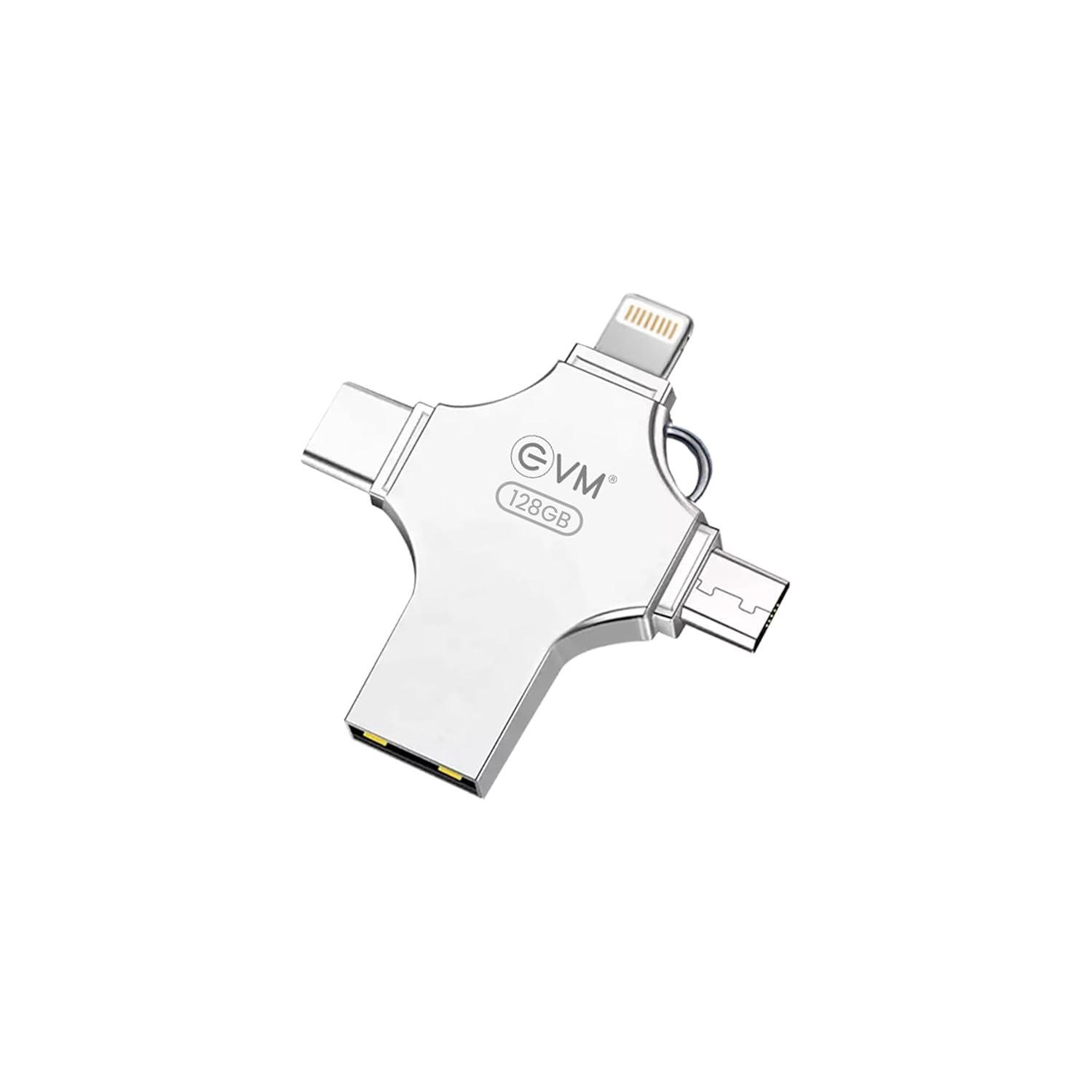 Pendrive EVM 128GB EnStore 4 in 1 OTG USB 3.0 Flashdrive | 4 Connectors for USB-A devices, Android devices, iOS devices, Type-C devices, laptops & Desktops, Silver