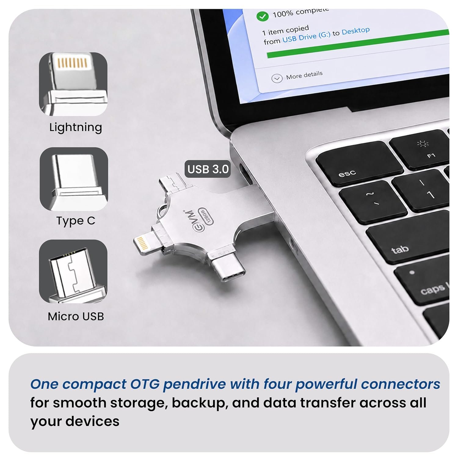Pendrive EVM 128GB EnStore 4 in 1 OTG USB 3.0 Flashdrive | 4 Connectors for USB-A devices, Android devices, iOS devices, Type-C devices, laptops & Desktops, Silver