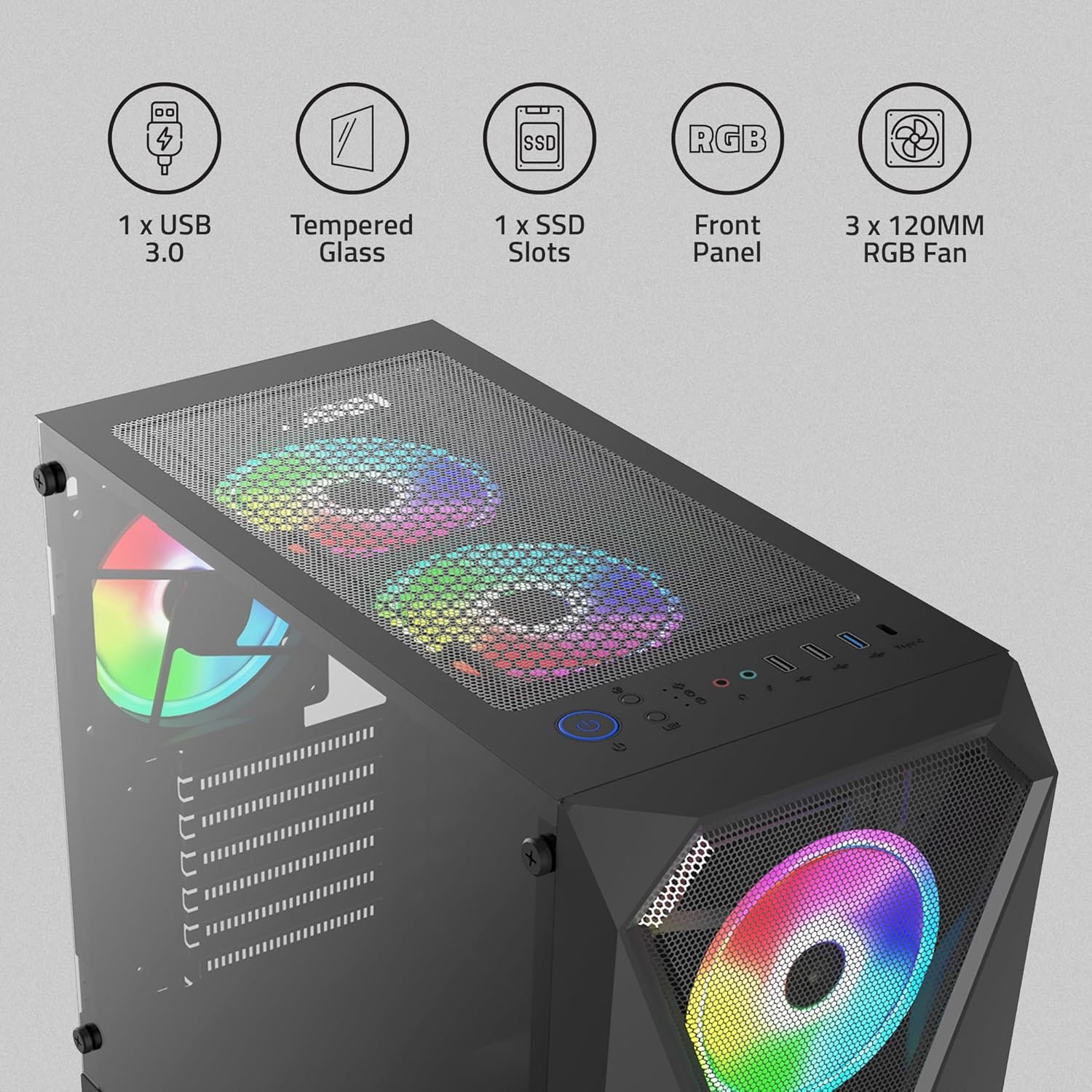 Cabinet Artis Gaming G8023 Without SMPS With Fan | Support Full ATX, Micro ATX Motherboard, 3 x 120mm RGB Fan With Sturdy Built Quality, Black