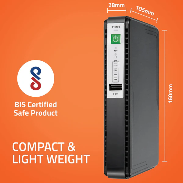 UPS Artis Mini for WiFi Router, Modem, Set top Box Devices AR-MINIDC-3 | 8800mAh Battery, Supports 9V, 12V-1A, 1.5A, 2A Routers, USB Port Phone Charging, Battery Level Indicator, BIS Certified | Backup time upto 8 hours