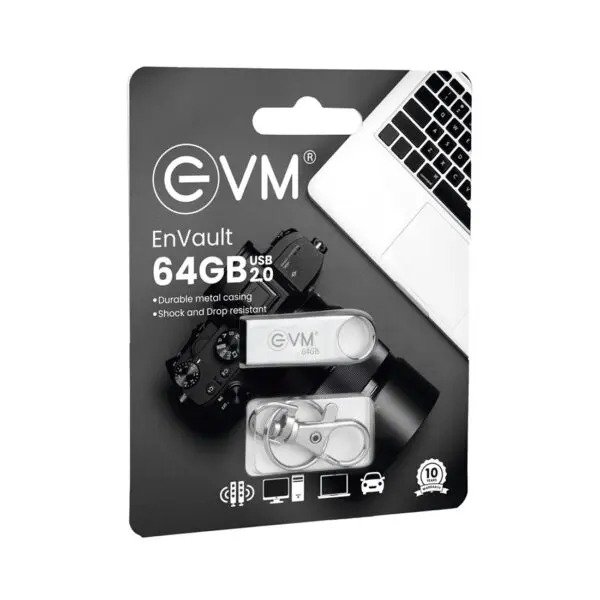 Pendrive EVM EnVault 64GB Metal USB 2.0 Flash Drive EVMPDV/64GB | Fast Data Transfer & Reliable Storage Solution, High Performance with upto 25MB/s Read, Durable Metallic Black Casing, Silver