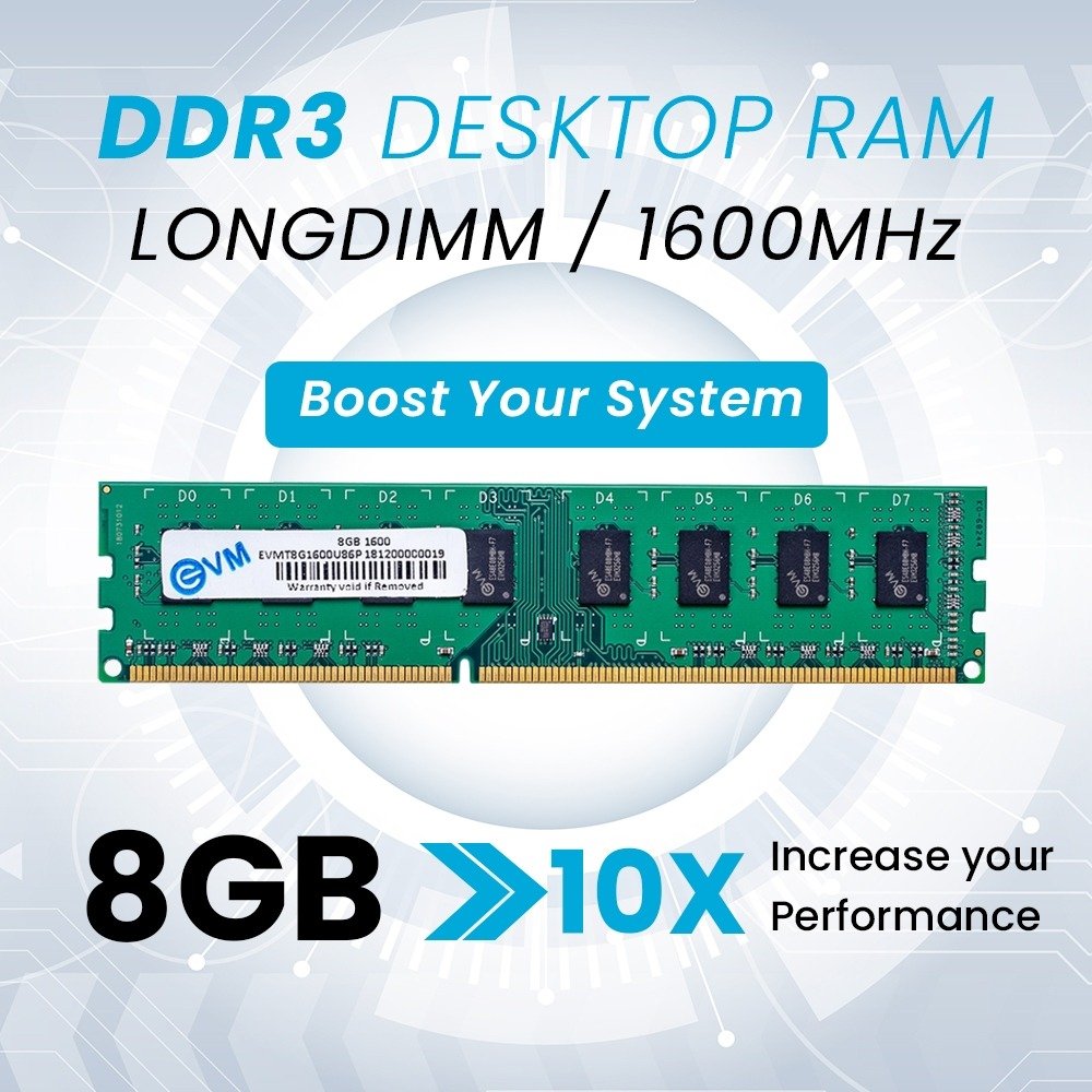 Ram EVM 8GB DDR3 1600MHz Desktop EVMT8G1600U86P | Long-DIMM Memory, High-Speed Performance, Low Voltage Requirement