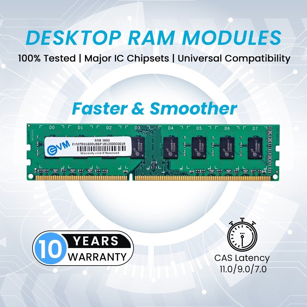 Ram EVM 8GB DDR3 1600MHz Desktop EVMT8G1600U86P | Long-DIMM Memory, High-Speed Performance, Low Voltage Requirement