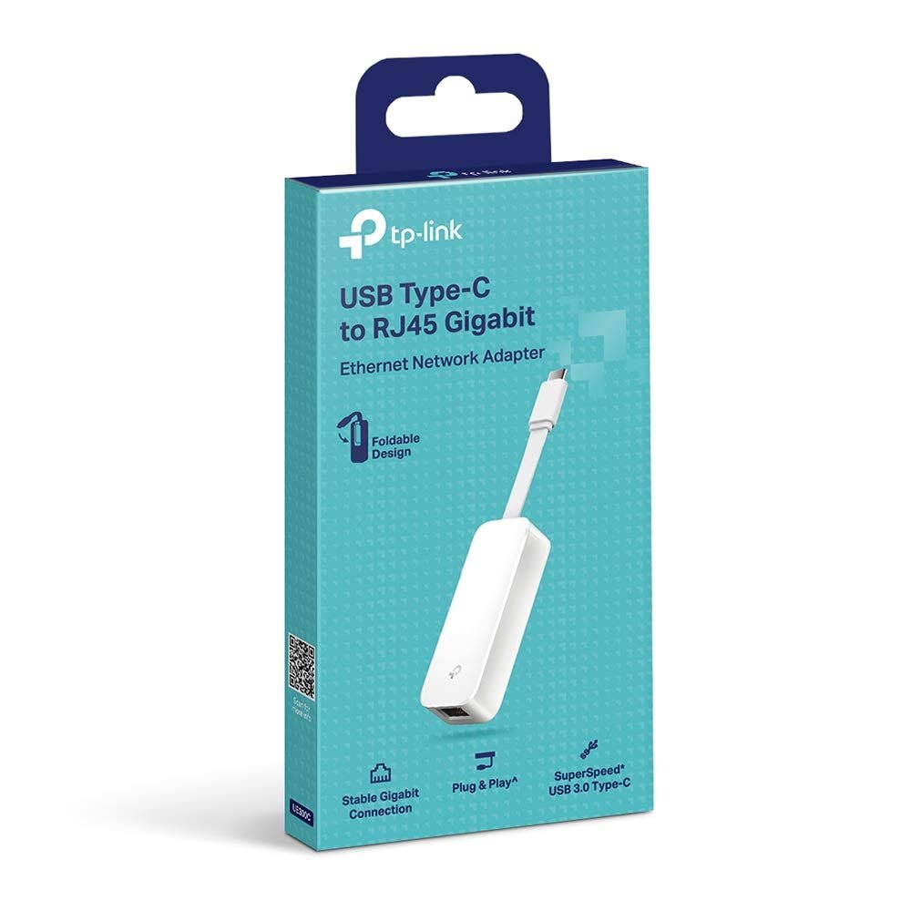 Adapter TP-Link TL-UE300C USB Type-C to RJ45 Gigabit Ethernet Network Adapter | USB 3.0, RJ45 LAN Wired Adapter for Ultrabook, Chromebook, Laptop, Desktop, Foldable & Portable design, Plug & Play, White