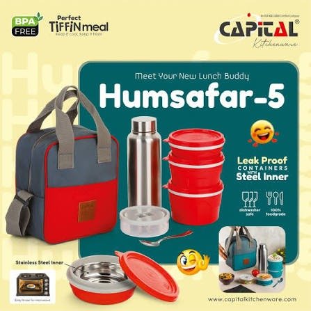 Lunch Box Capital Humsafar-5 | Microwave Safe, Leak Proof Containers With Steel Inner, Anti-slip Handle, Metal Zipper, Front Pocket, Capacity 5Kgs, Reinforced Stitching, Multicolor