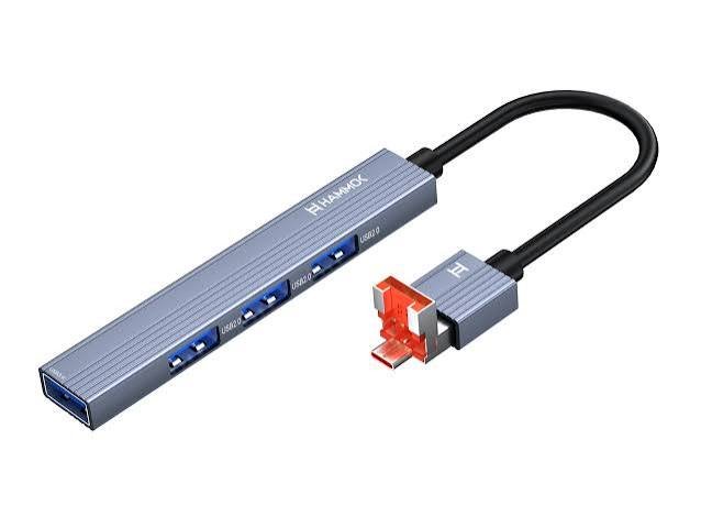 Hub Hammok Lee 4 Port USB 2.0/3.0 Type C Hub | 5Gbps, Upto 1TB Capacity, Supports Windows 11 & MacOS, Plug & Play, Grey