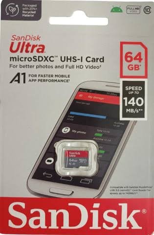 Card Micro SD SanDisk 64GB Ultra microSDXC UHS-I Memory Card - 140MB/s, C10, U1, A1, Full HD | SDSQUAB-064G-GN6MN