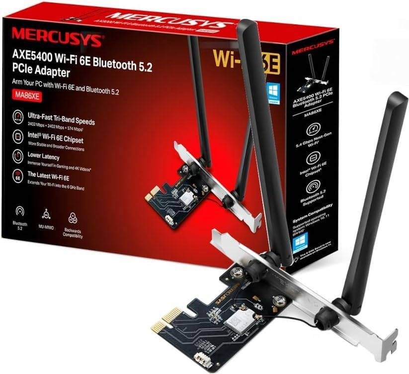PCIe Adapter Mercusys MA86XE | AXE5400 Wi-Fi 6E Bluetooth 5.2 PCIe Adapter, MU-MIMO Ultra-Fast Tri-Band Speed, Intel  Wi-Fi 6E Chipset, Lower Latency, Wider Signal Coverage, Backward Compatibility, Black